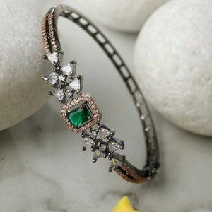 Green & Gold Brass American Diamond Bangle-Style Bracelet
